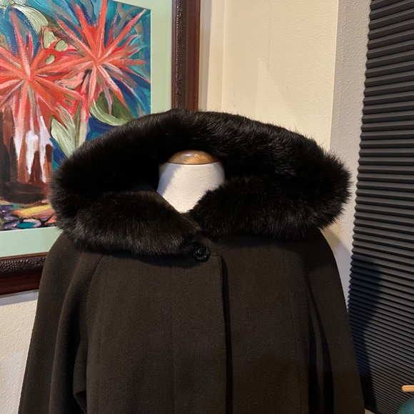 Elegant Brown Wool Long Overcoat with Hood & Real Fur 1990s - sz 10 P or Med - Picture 3 of 16